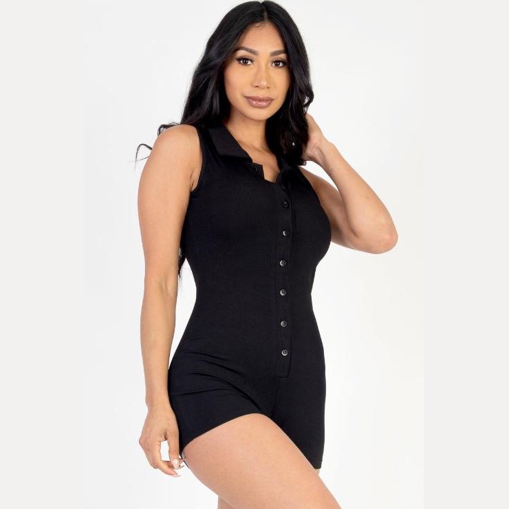 Ribbed Knit Sleeveless Button Front Romper