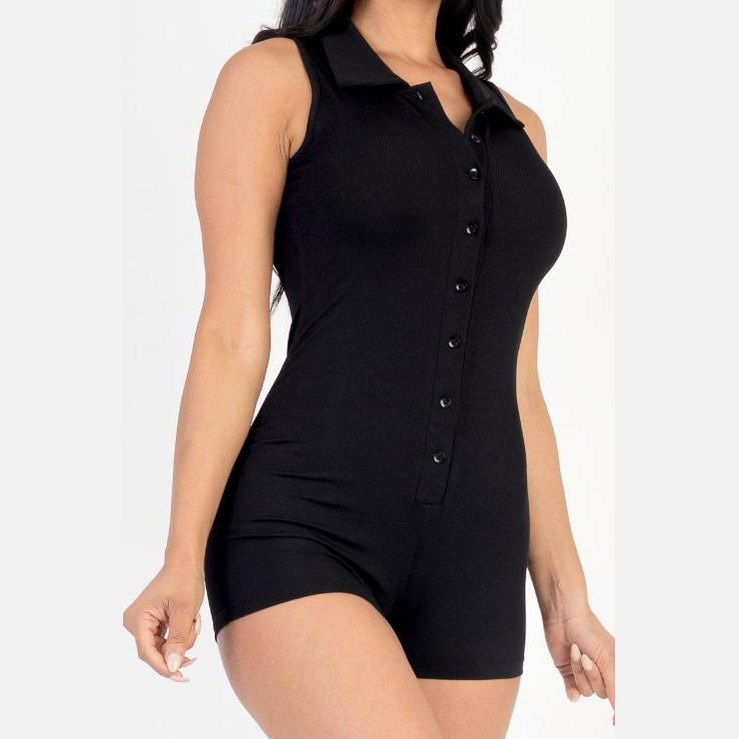 Ribbed Knit Sleeveless Button Front Romper
