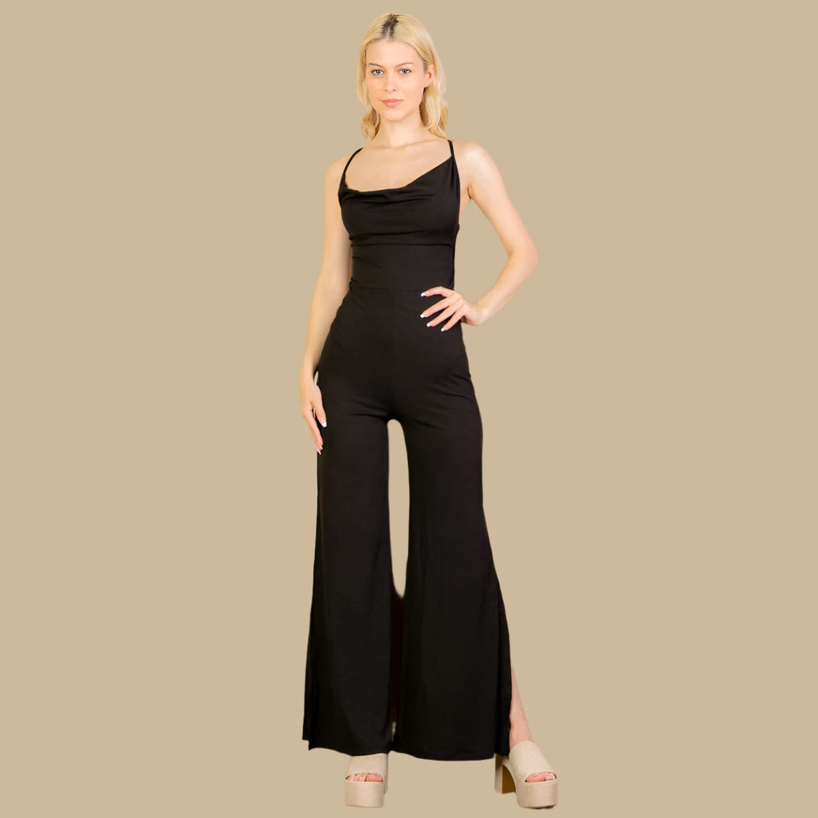 Ribbed Cowl Neck Backless Split Wide Leg Jumpsuit