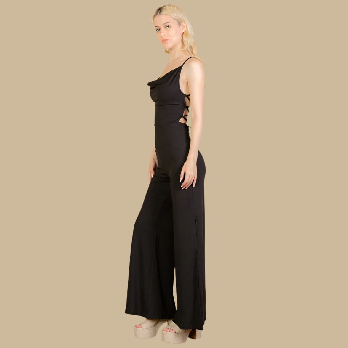 Ribbed Cowl Neck Backless Split Wide Leg Jumpsuit