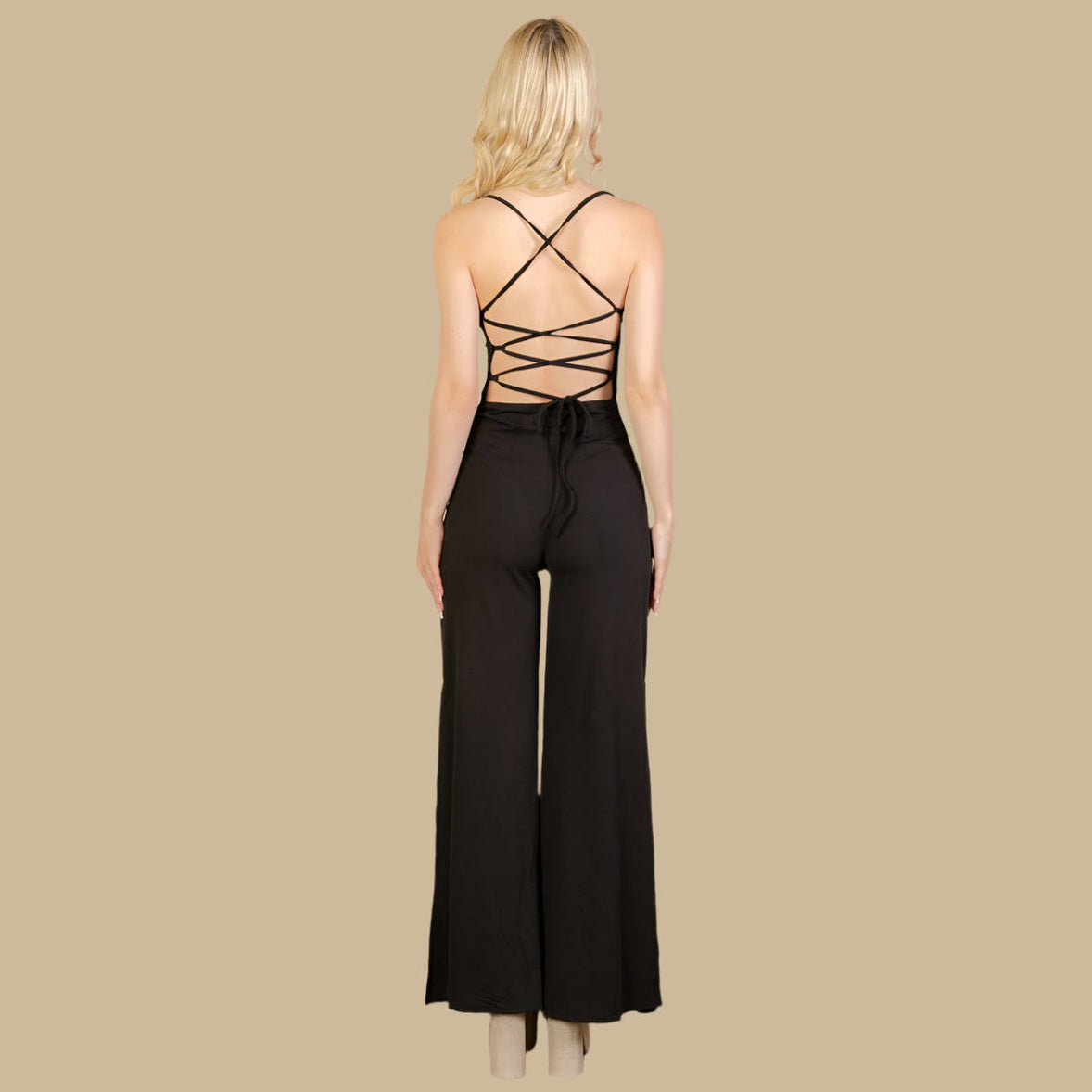 Ribbed Cowl Neck Backless Split Wide Leg Jumpsuit