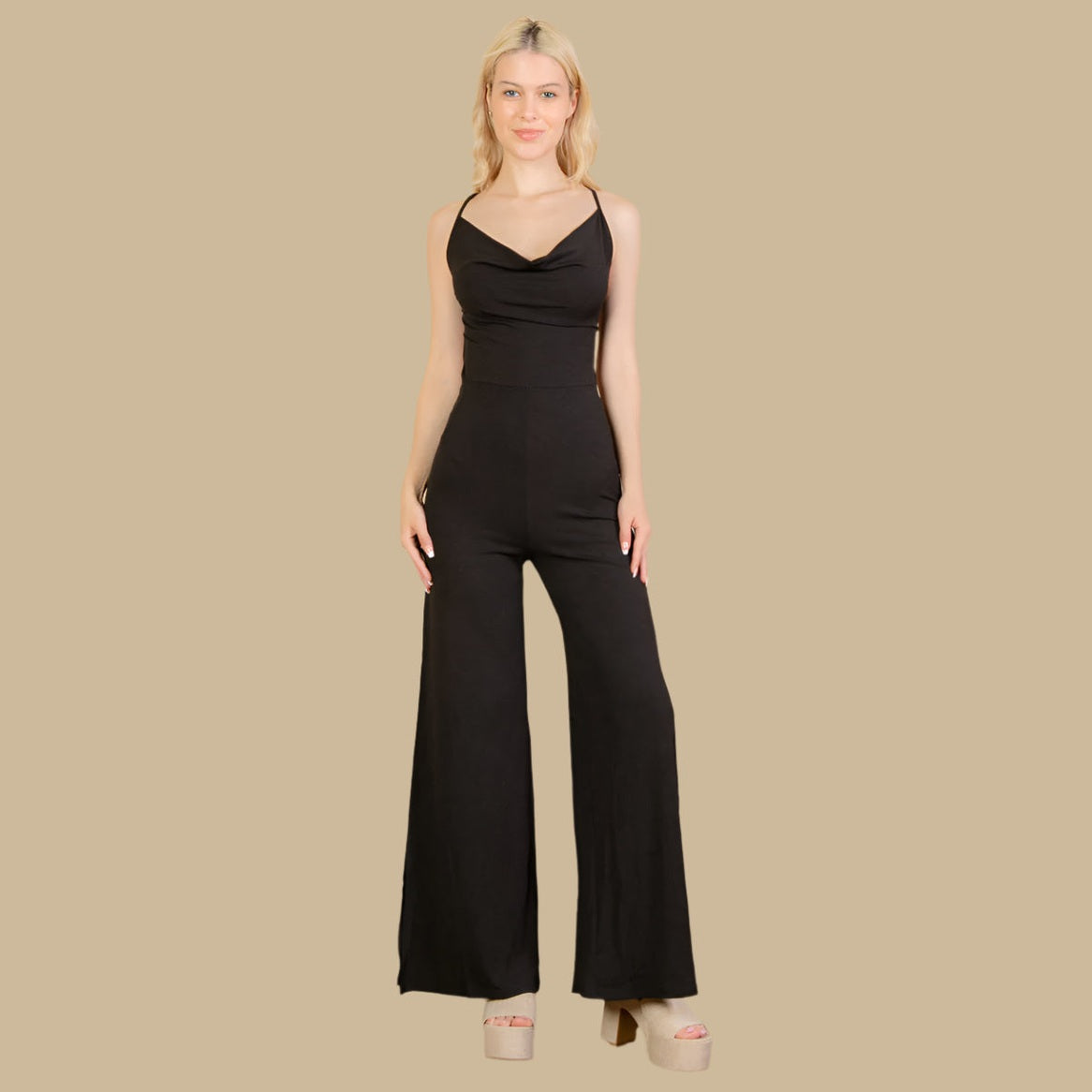 Ribbed Cowl Neck Backless Split Wide Leg Jumpsuit
