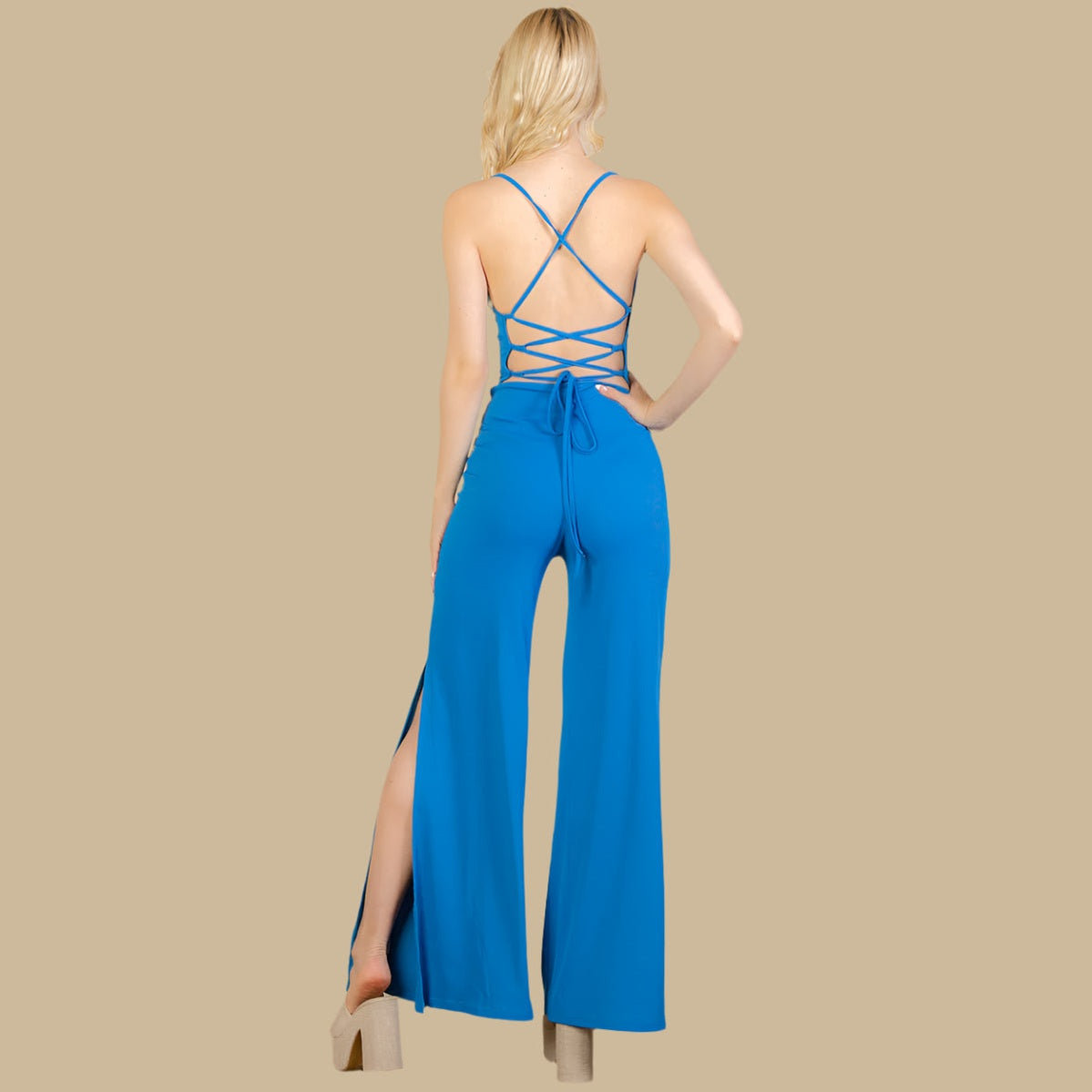 Ribbed Cowl Neck Backless Split Wide Leg Jumpsuit