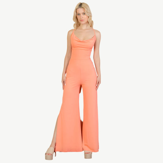Ribbed Cowl Neck Backless Split Wide Leg Jumpsuit
