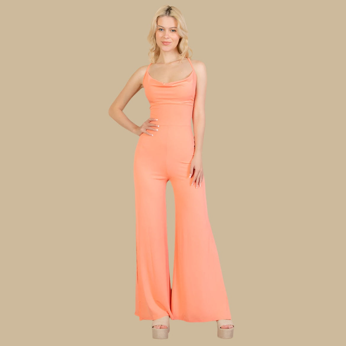 Ribbed Cowl Neck Backless Split Wide Leg Jumpsuit