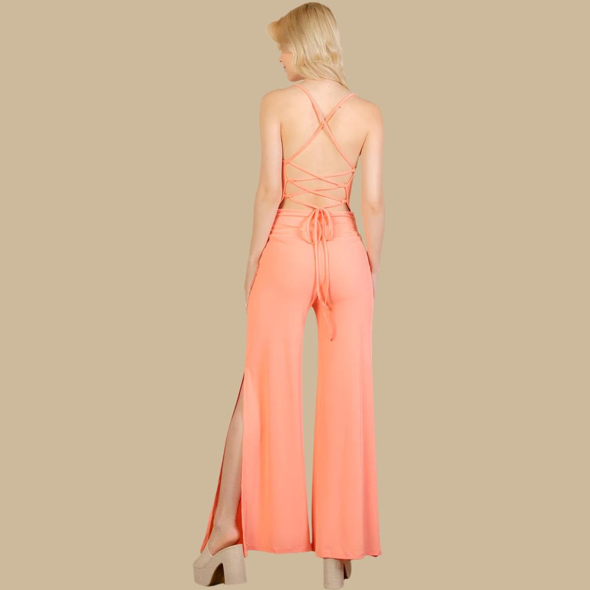 Ribbed Cowl Neck Backless Split Wide Leg Jumpsuit