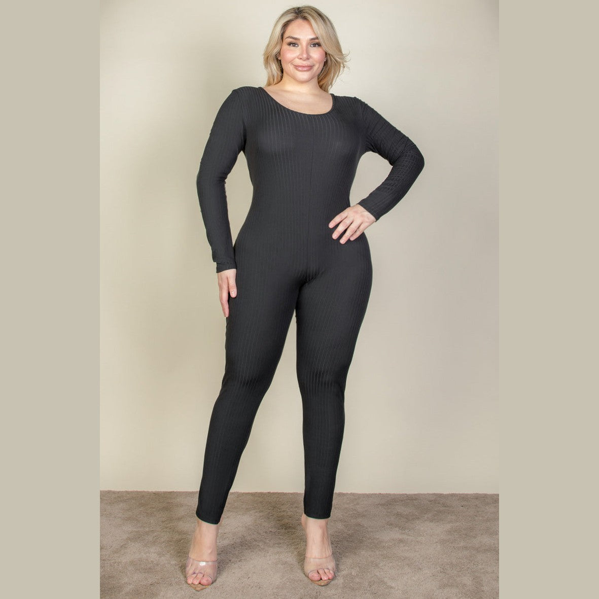 Plus Size Ribbed Scoop Neck Long Sleeve Jumpsuit