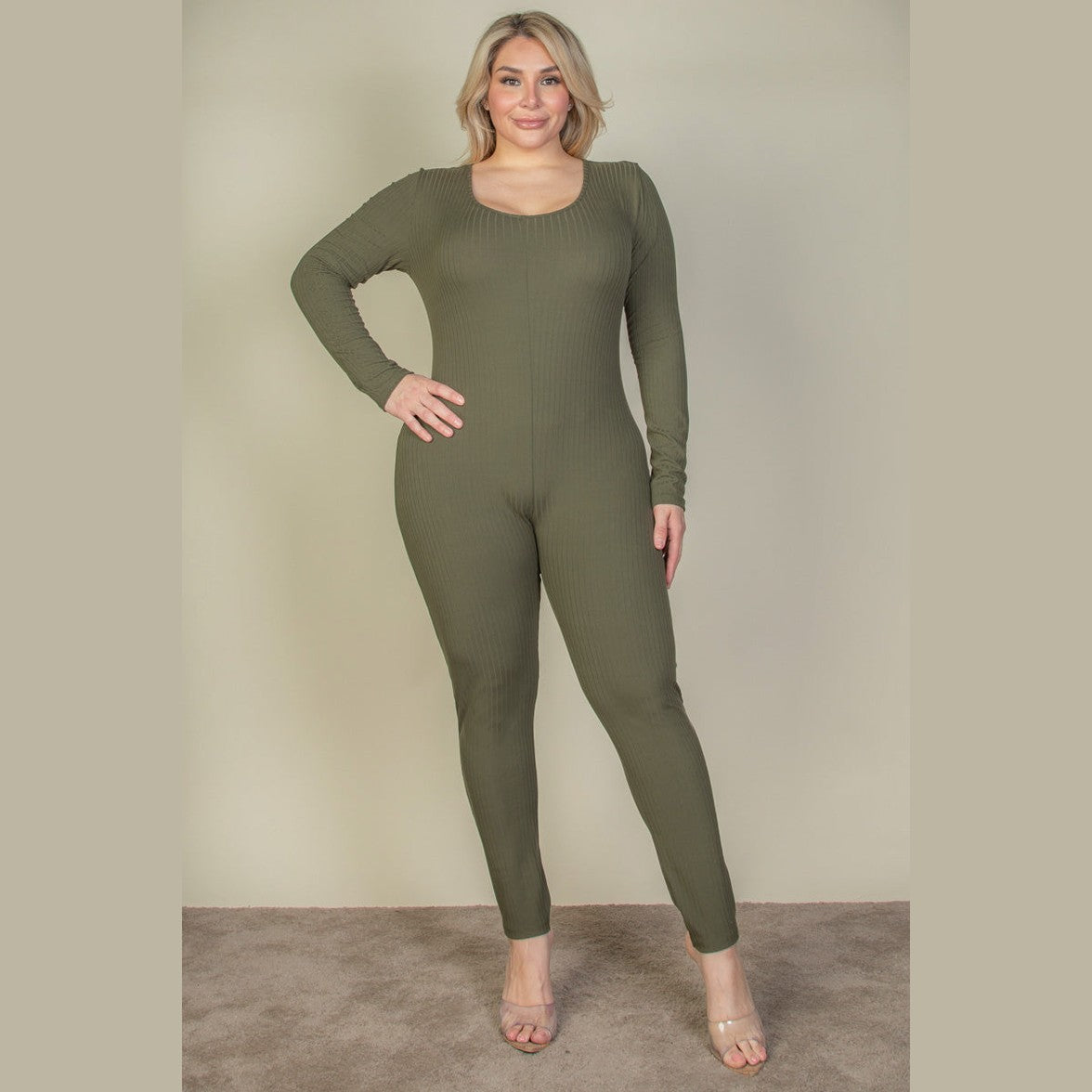 Plus Size Ribbed Scoop Neck Long Sleeve Jumpsuit