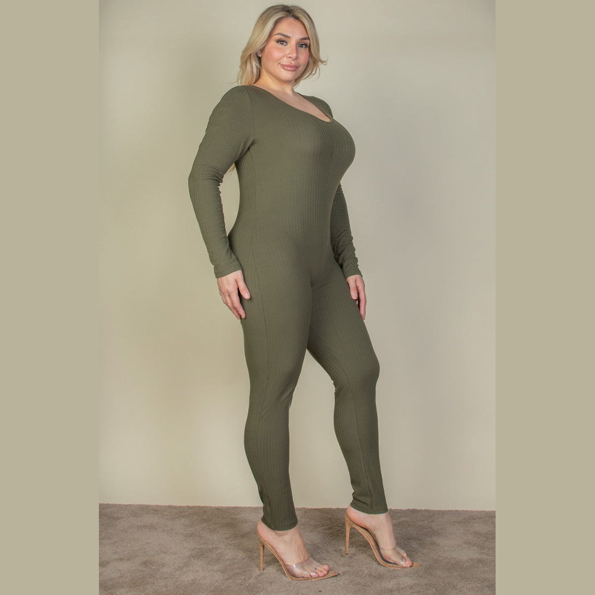 Plus Size Ribbed Scoop Neck Long Sleeve Jumpsuit