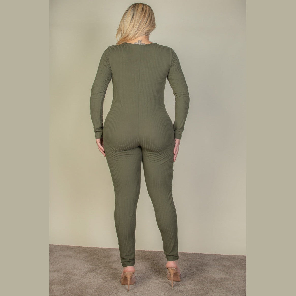 Plus Size Ribbed Scoop Neck Long Sleeve Jumpsuit