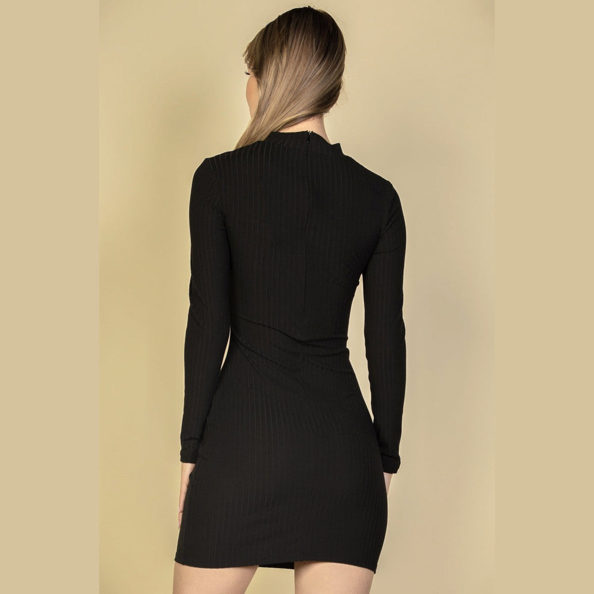 Ribbed Cut Out Front Long Sleeve Bodycon Mini Dress