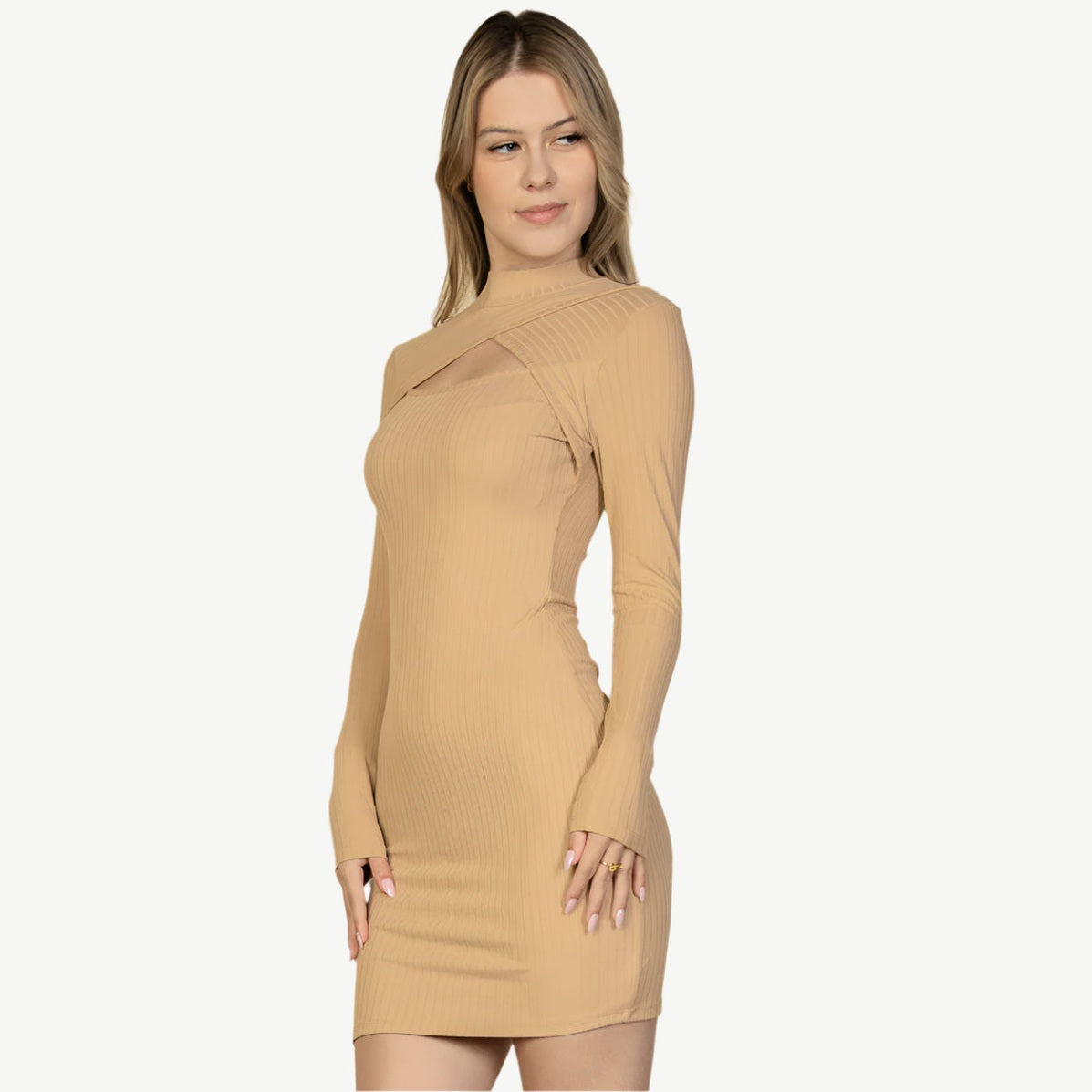 Ribbed Cut Out Front Long Sleeve Bodycon Mini Dress