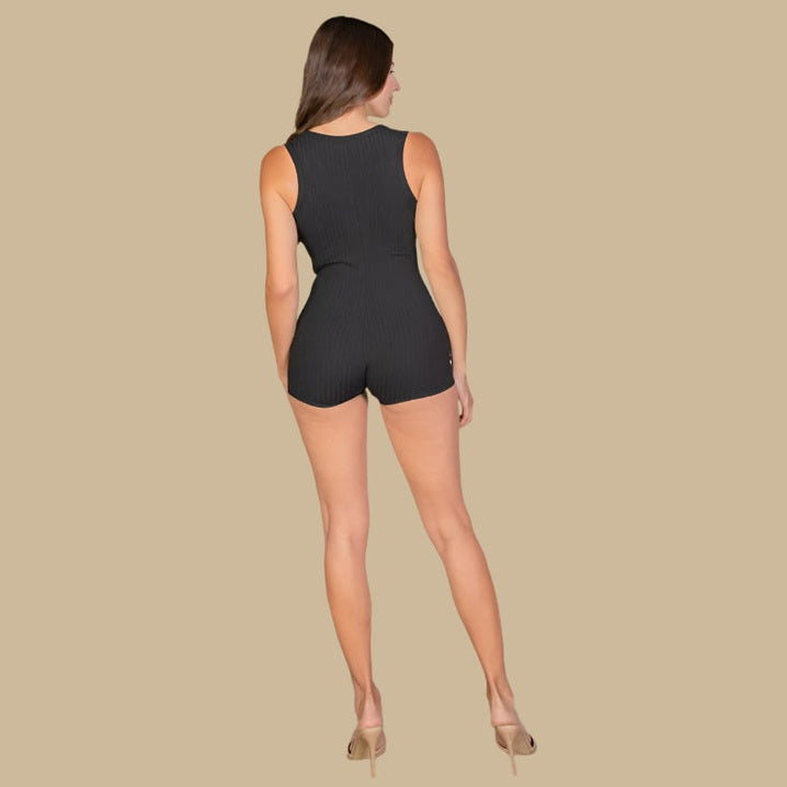 Solid Ribbed Slit Neckline Sleeveless Romper