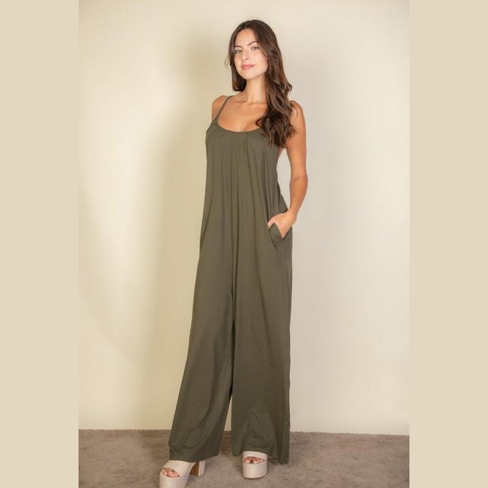 Spaghetti strap solid wide jumpsuit