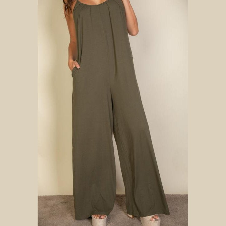 Spaghetti strap solid wide jumpsuit