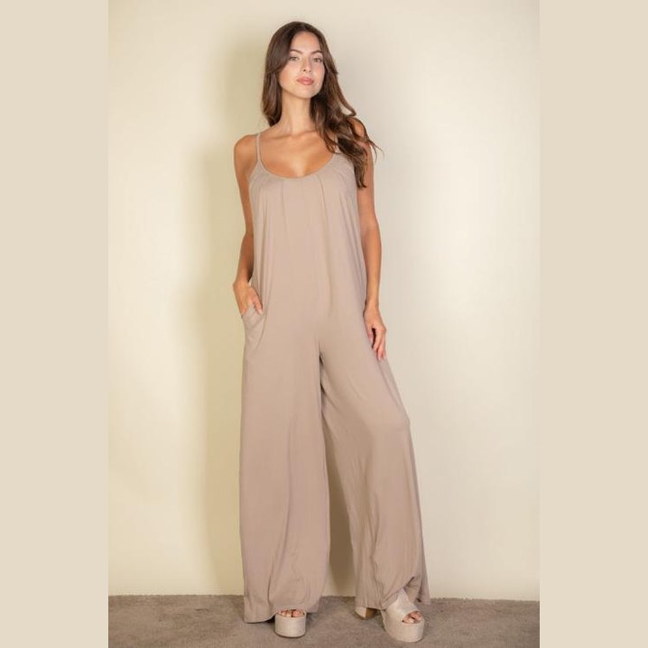 Spaghetti strap solid wide jumpsuit