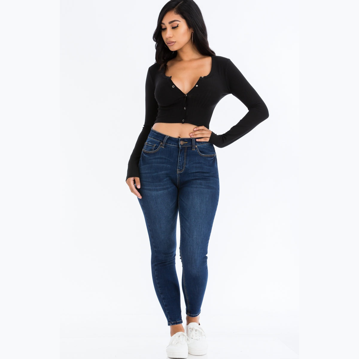 Ribbed Long Sleeve Snap Button Down Crop Top