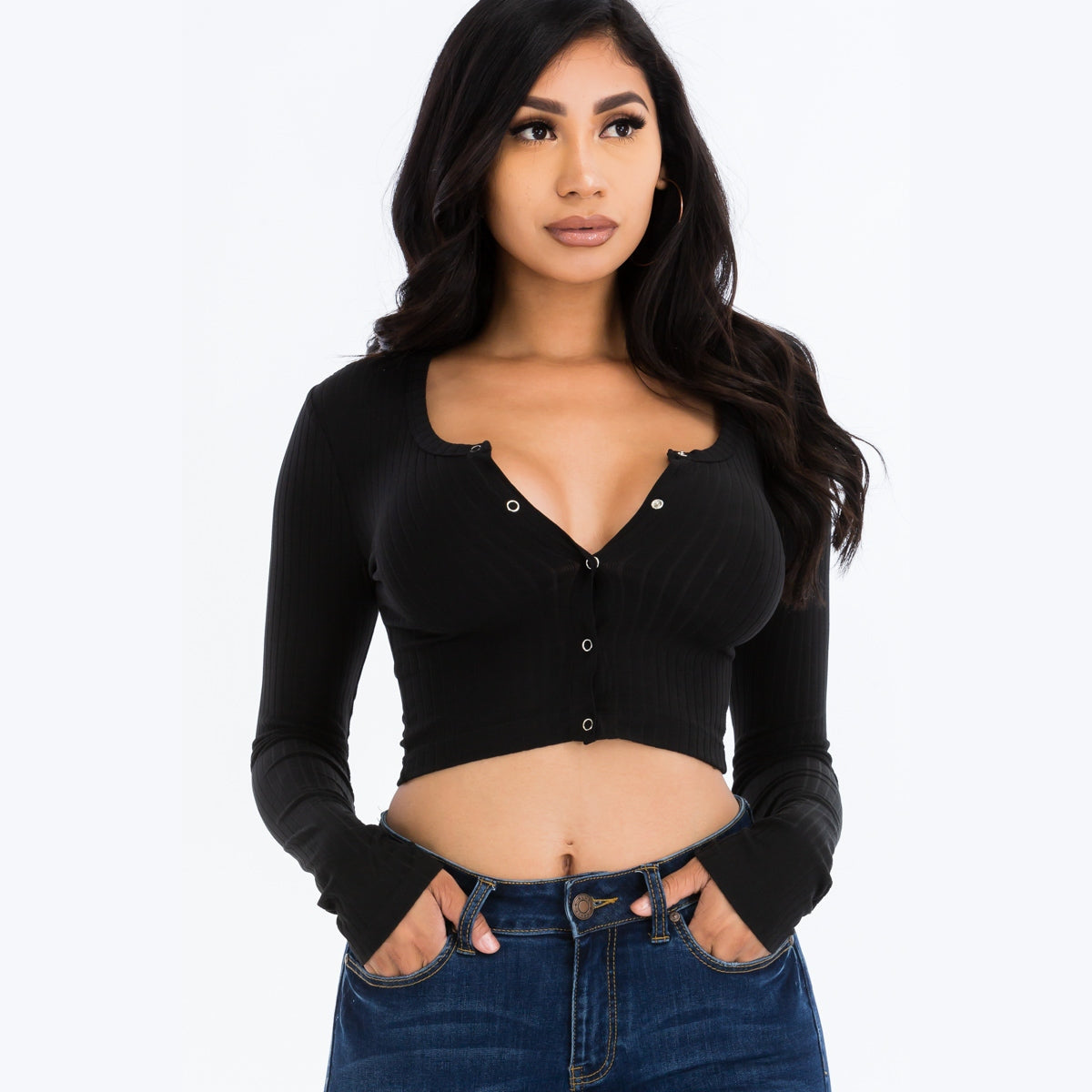 Ribbed Long Sleeve Snap Button Down Crop Top