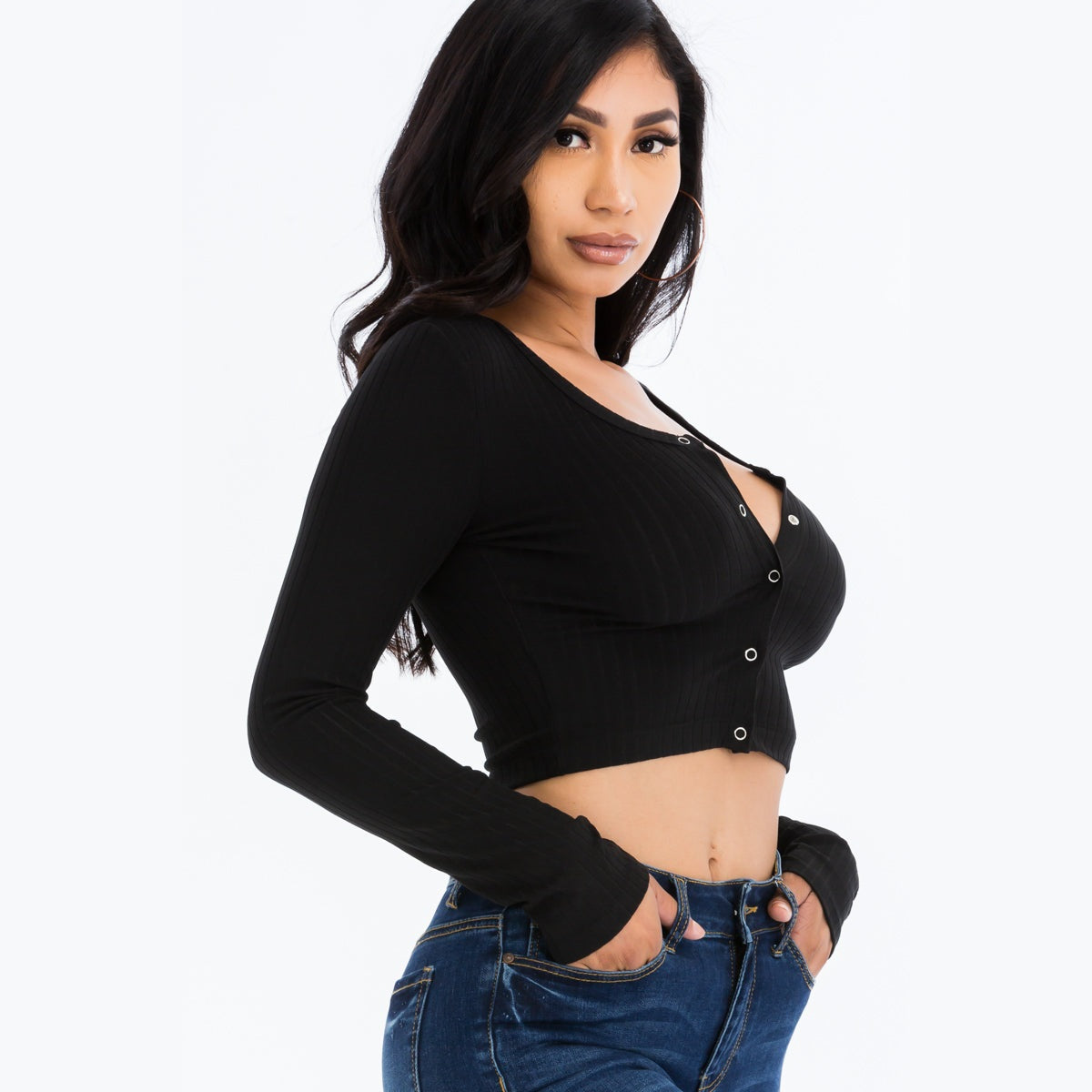 Ribbed Long Sleeve Snap Button Down Crop Top