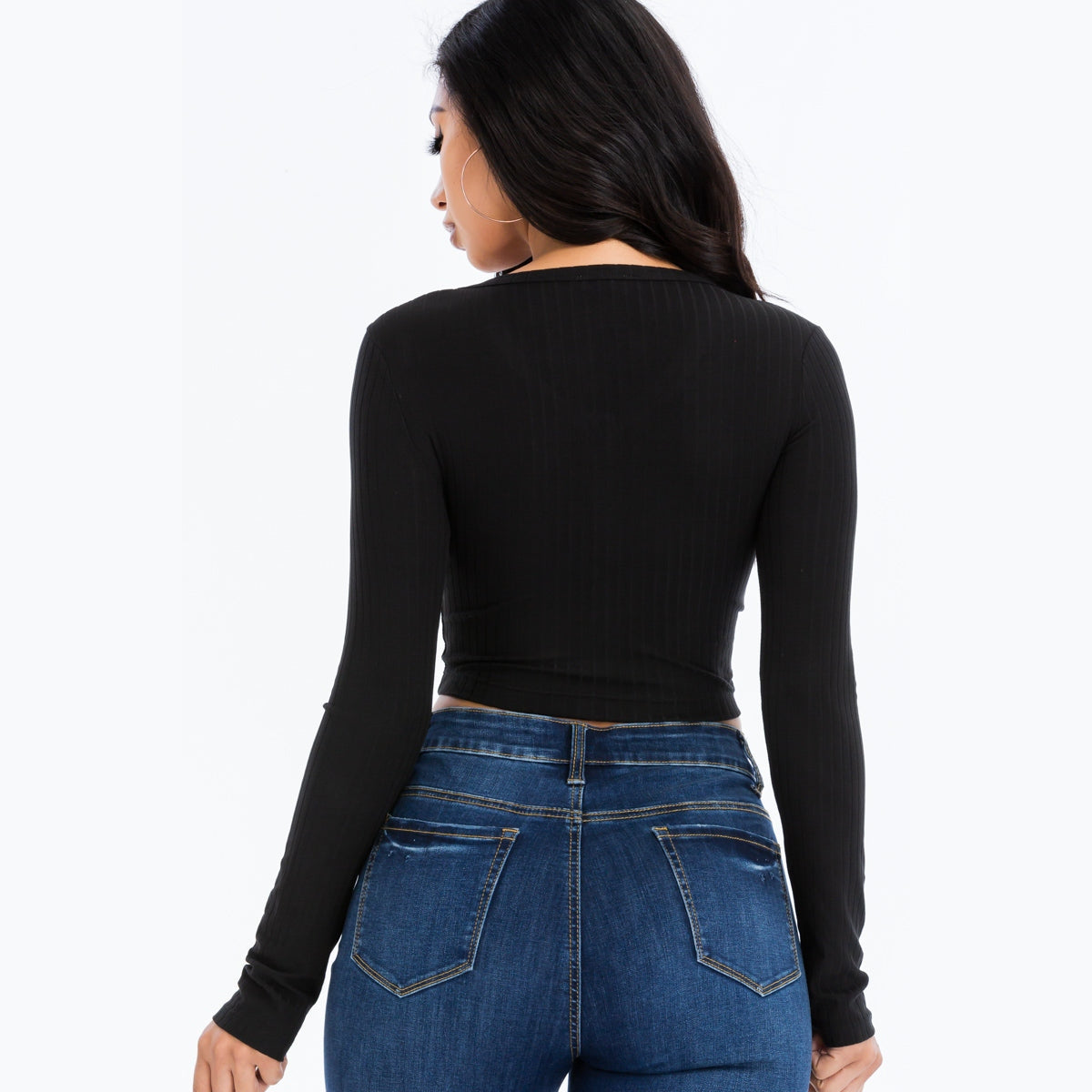 Ribbed Long Sleeve Snap Button Down Crop Top