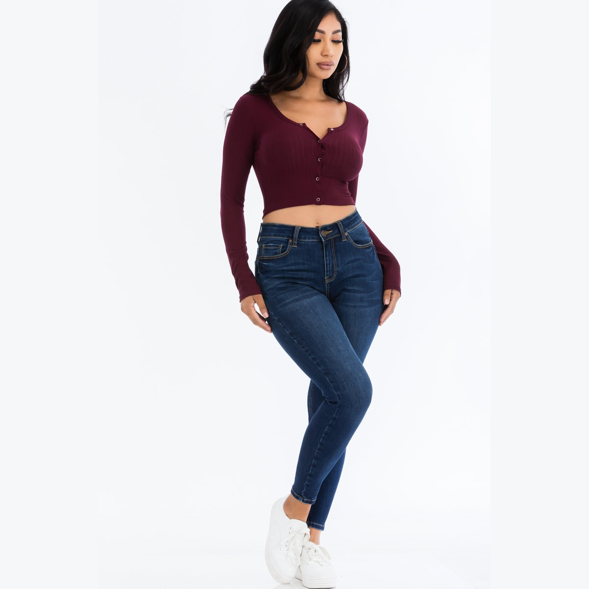 Ribbed Long Sleeve Snap Button Down Crop Top