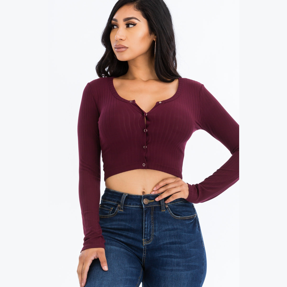 Ribbed Long Sleeve Snap Button Down Crop Top