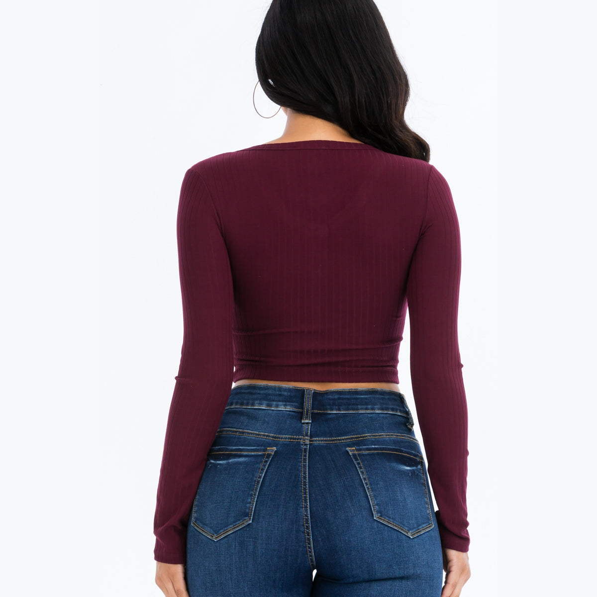 Ribbed Long Sleeve Snap Button Down Crop Top