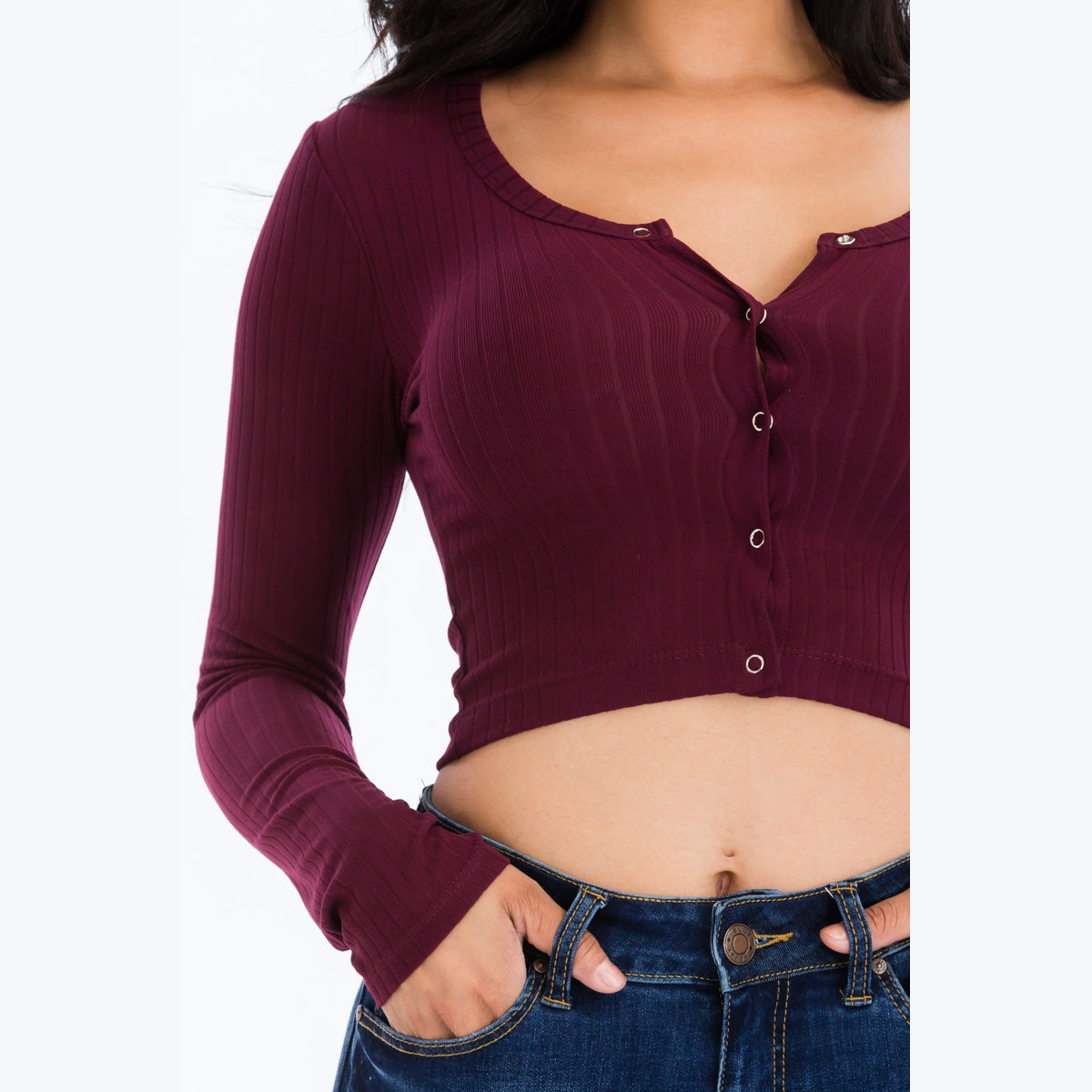Ribbed Long Sleeve Snap Button Down Crop Top