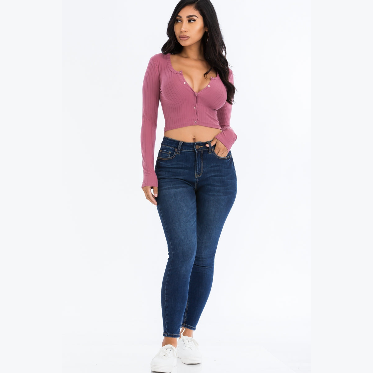Ribbed Long Sleeve Snap Button Down Crop Top