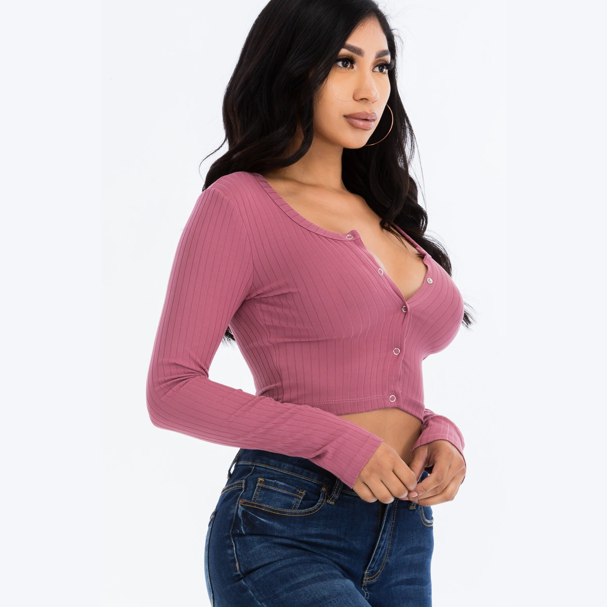 Ribbed Long Sleeve Snap Button Down Crop Top