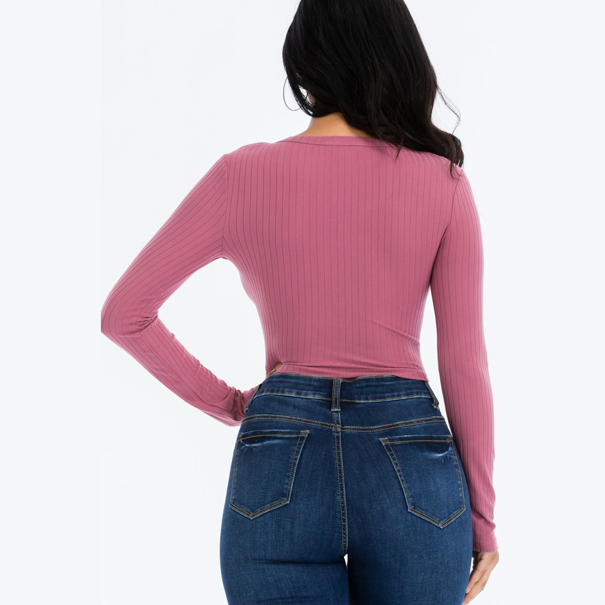 Ribbed Long Sleeve Snap Button Down Crop Top