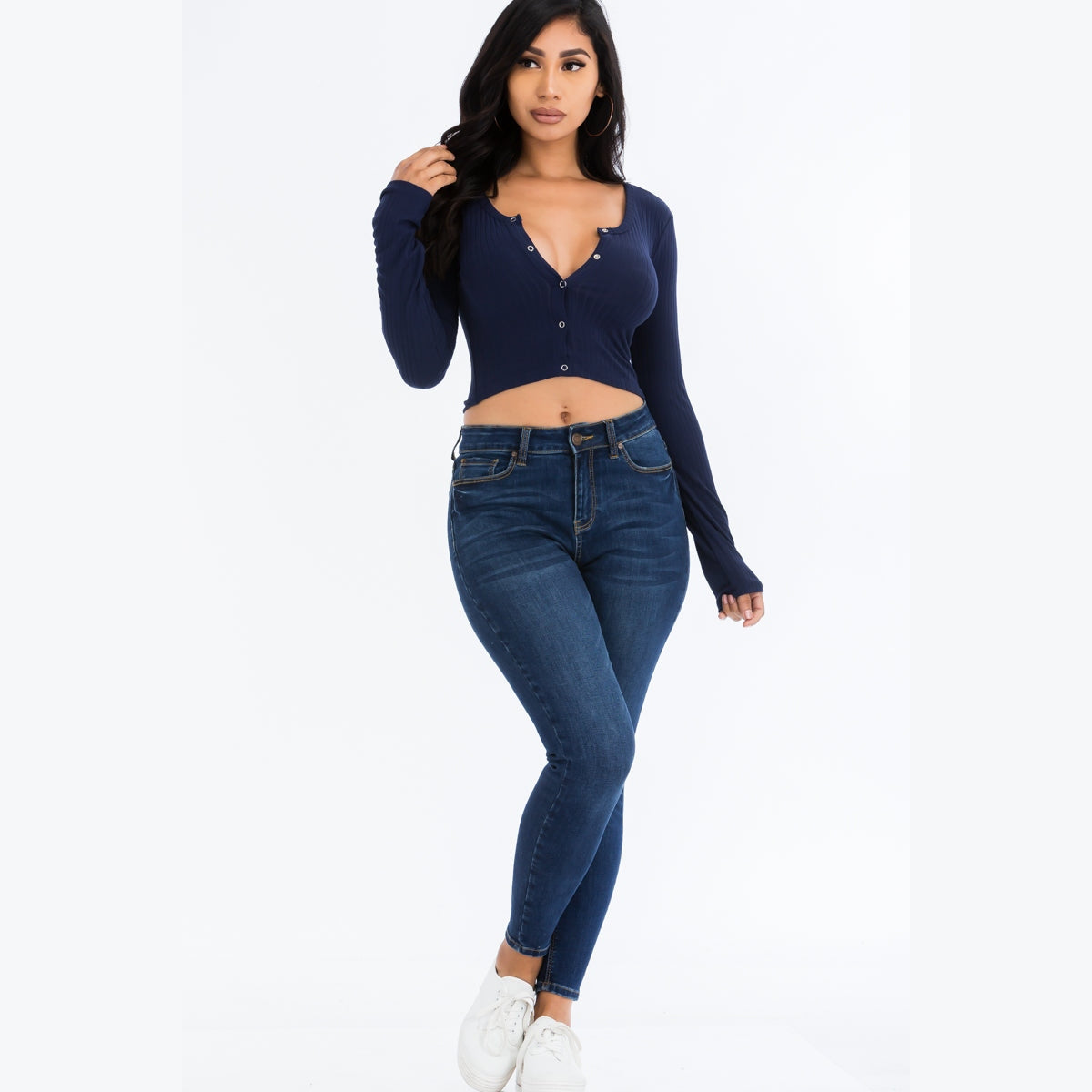 Ribbed Long Sleeve Snap Button Down Crop Top