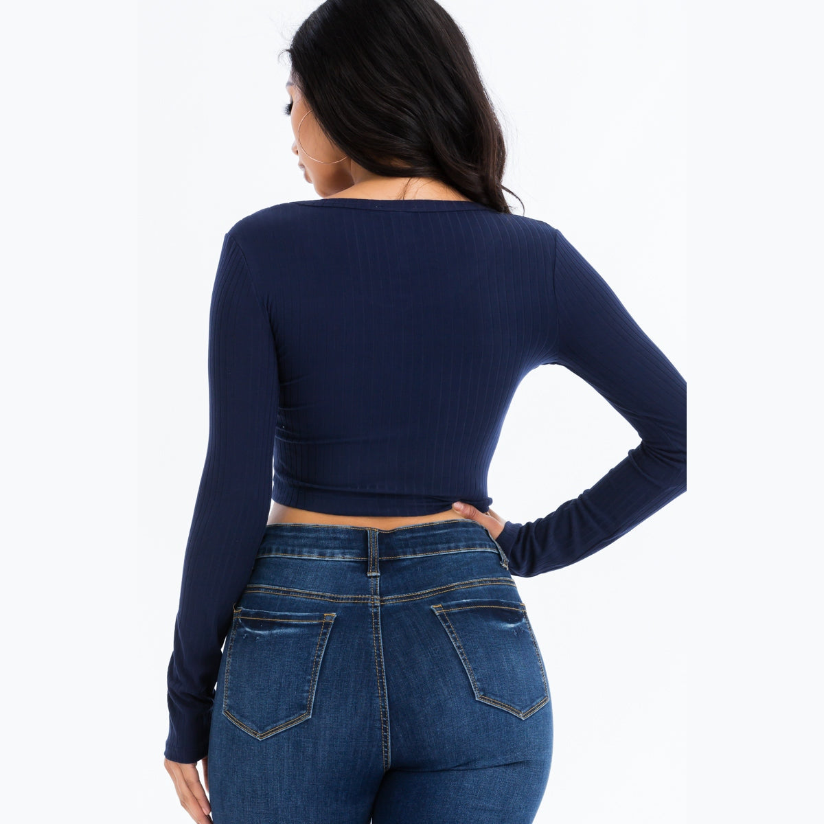 Ribbed Long Sleeve Snap Button Down Crop Top