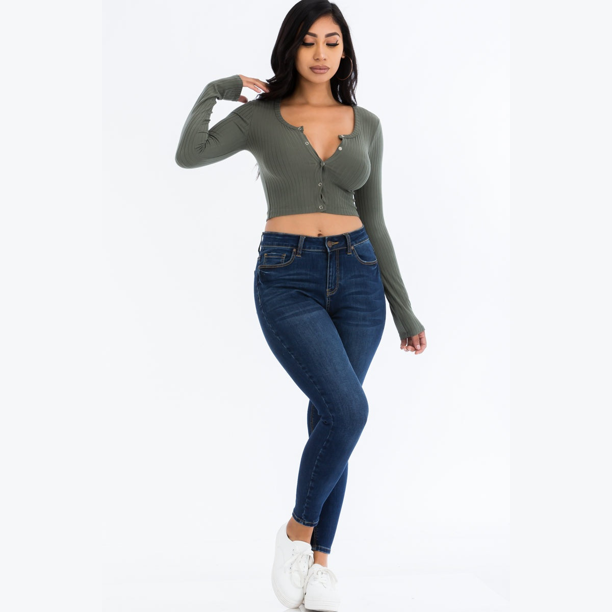 Ribbed Long Sleeve Snap Button Down Crop Top
