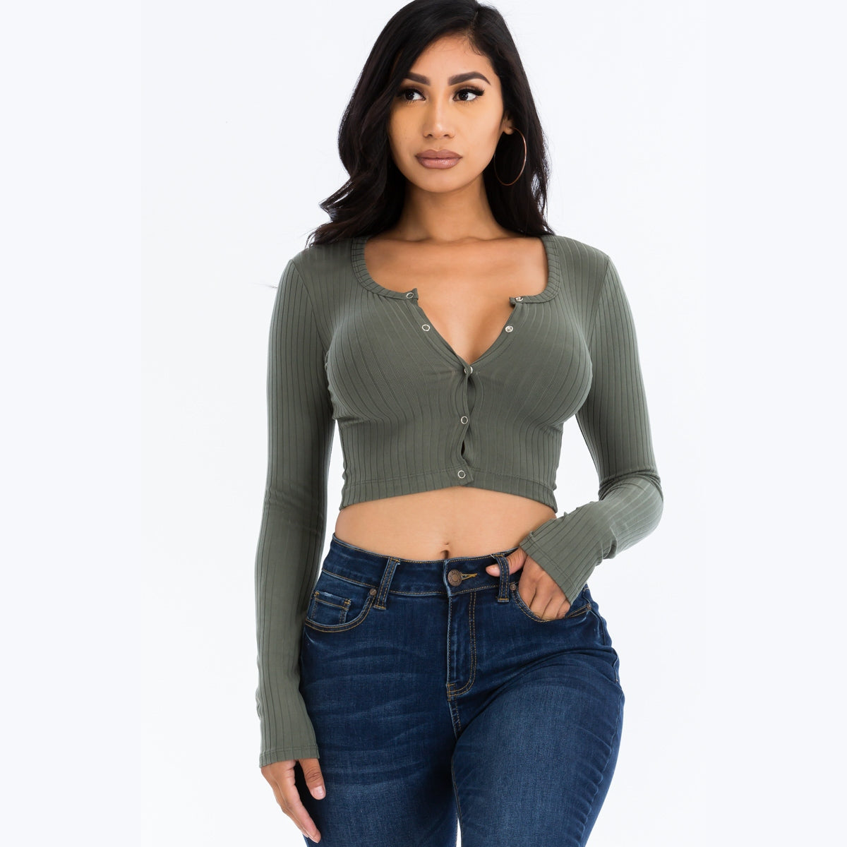 Ribbed Long Sleeve Snap Button Down Crop Top