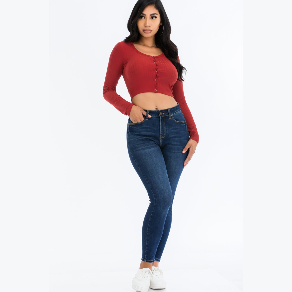 Ribbed Long Sleeve Snap Button Down Crop Top