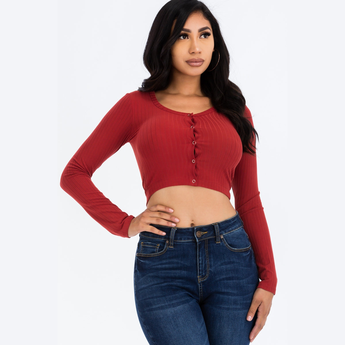 Ribbed Long Sleeve Snap Button Down Crop Top