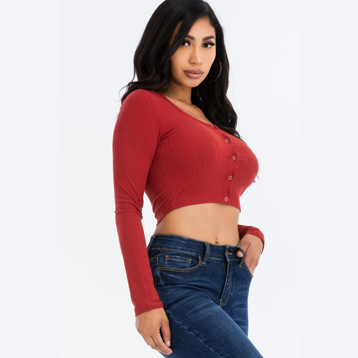 Ribbed Long Sleeve Snap Button Down Crop Top