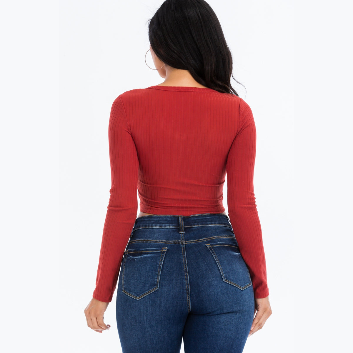 Ribbed Long Sleeve Snap Button Down Crop Top