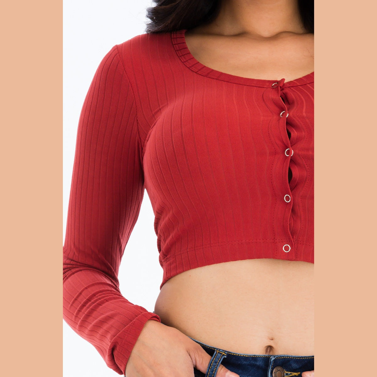 Ribbed Long Sleeve Snap Button Down Crop Top
