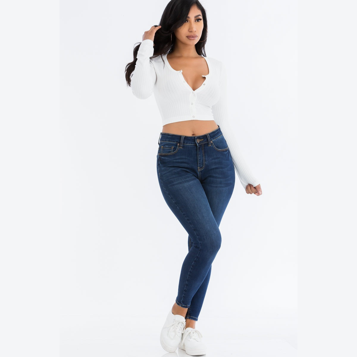 Ribbed Long Sleeve Snap Button Down Crop Top