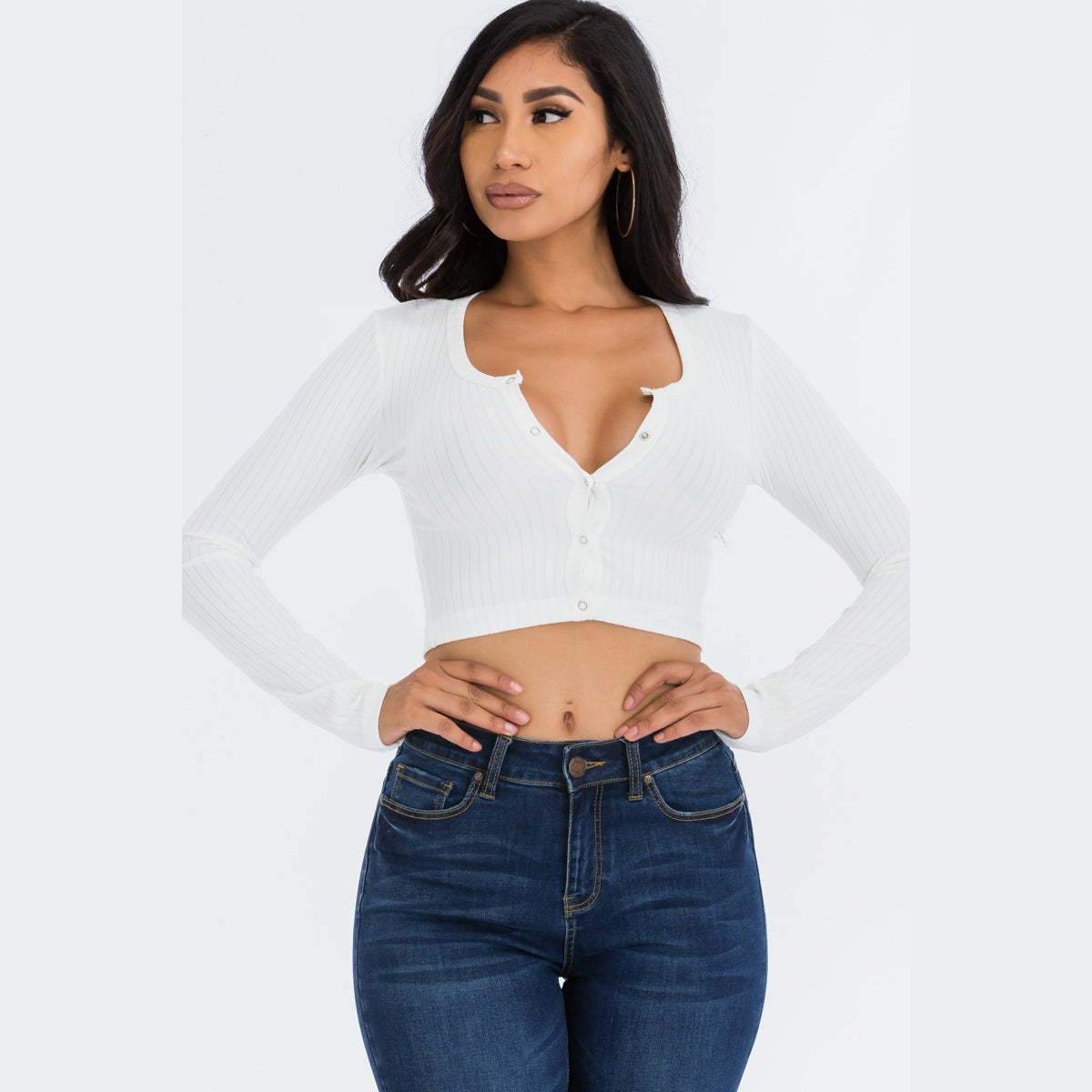 Ribbed Long Sleeve Snap Button Down Crop Top