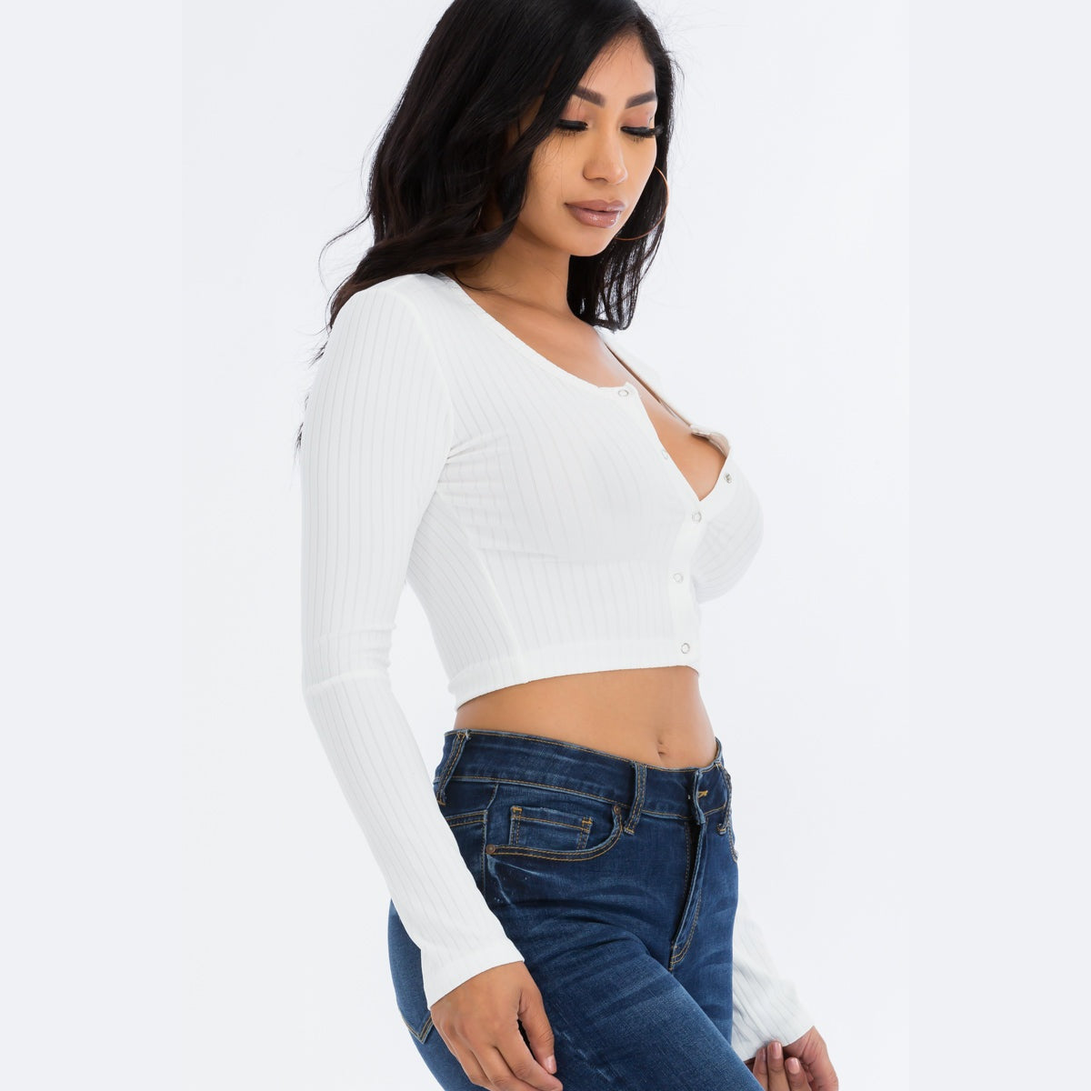 Ribbed Long Sleeve Snap Button Down Crop Top