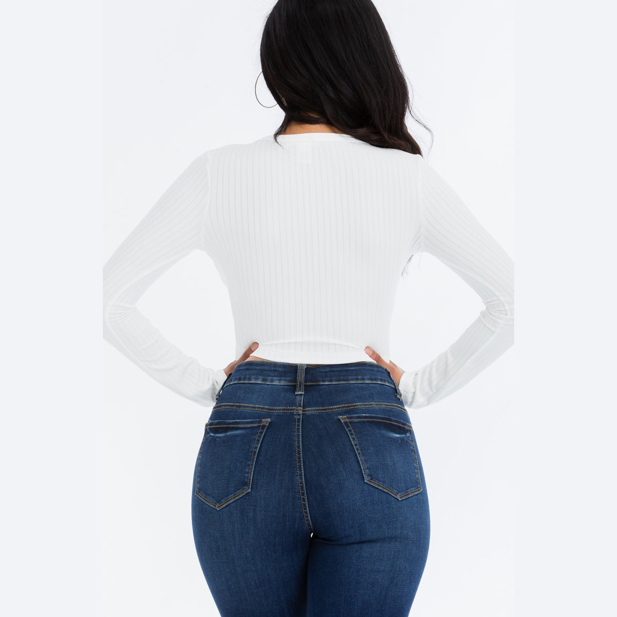 Ribbed Long Sleeve Snap Button Down Crop Top