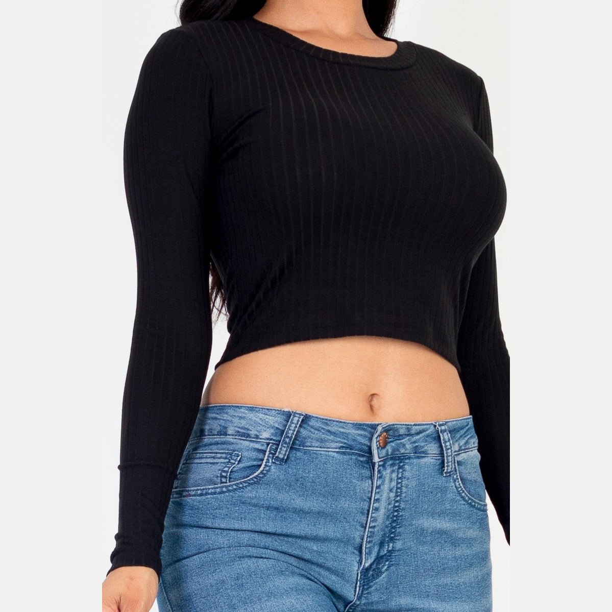 Long Sleeve Round Neck Basic Crop Top