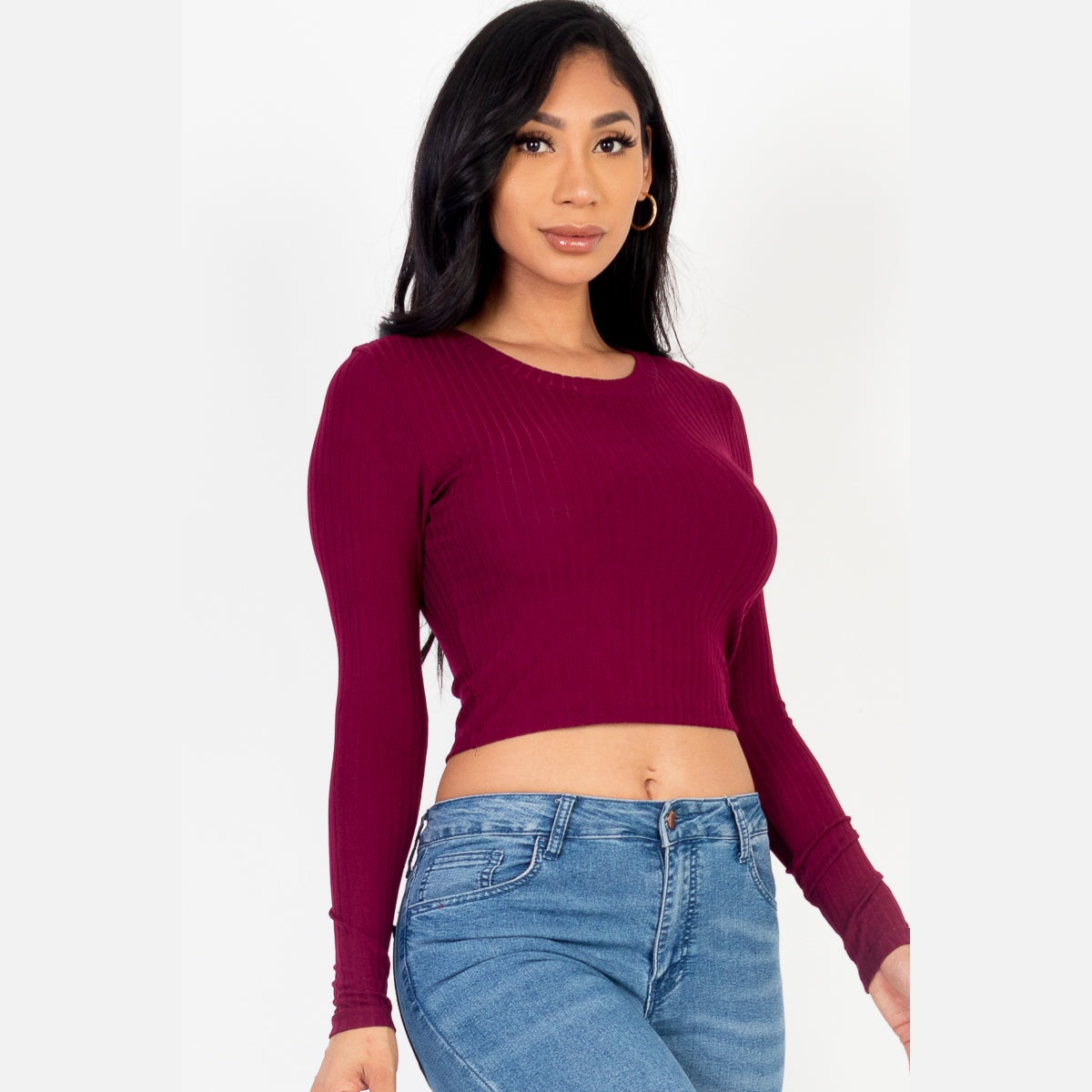 Long Sleeve Round Neck Basic Crop Top