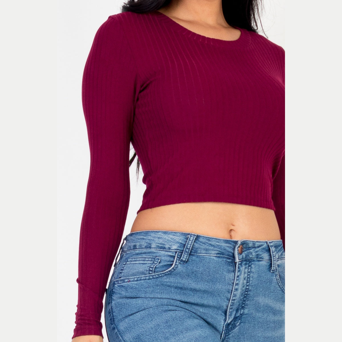 Long Sleeve Round Neck Basic Crop Top