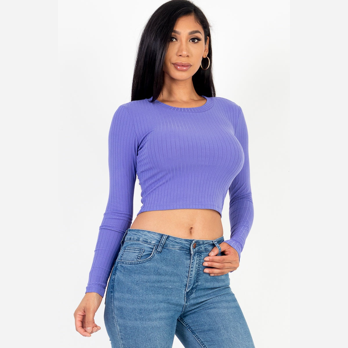 Long Sleeve Round Neck Basic Crop Top