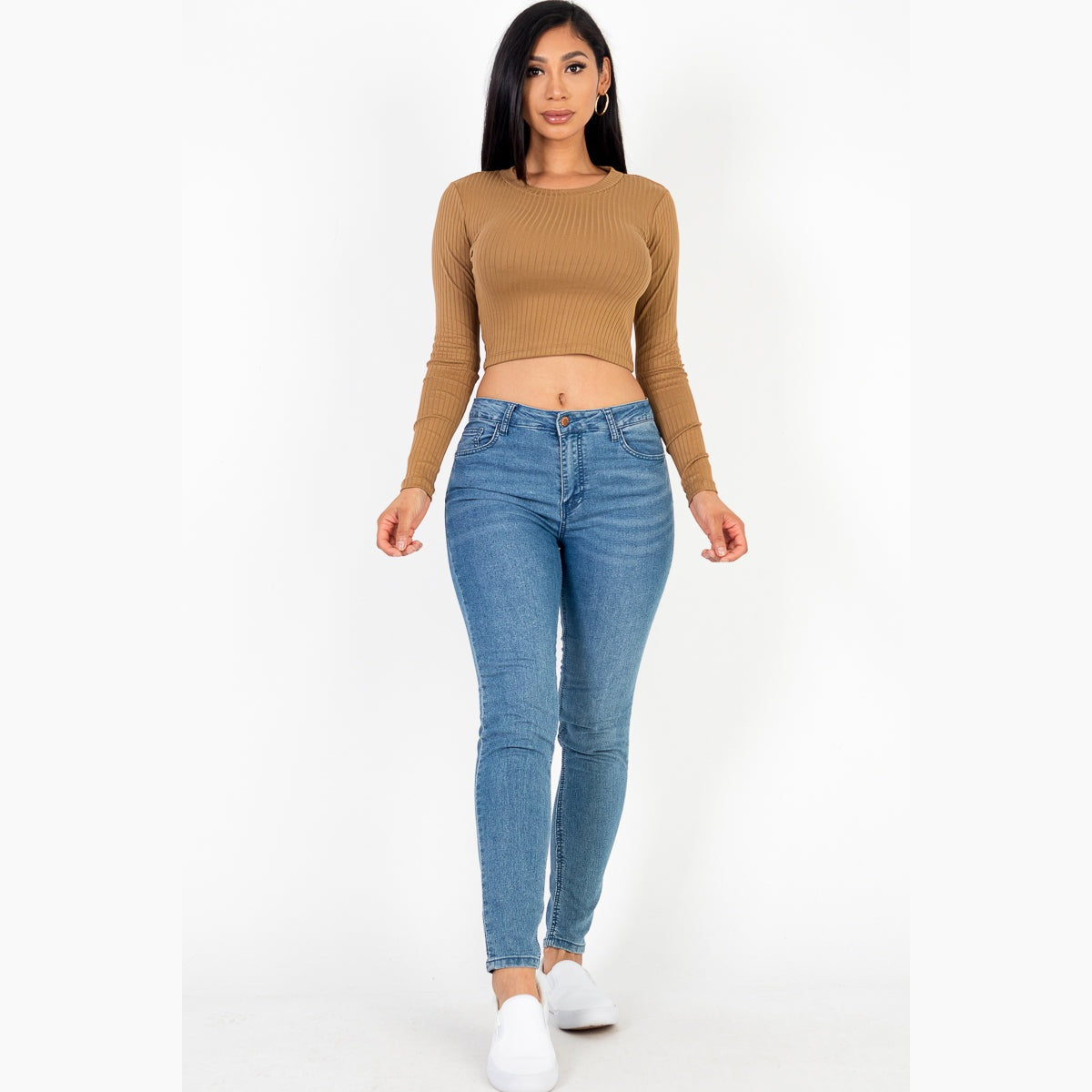 Long Sleeve Round Neck Basic Crop Top