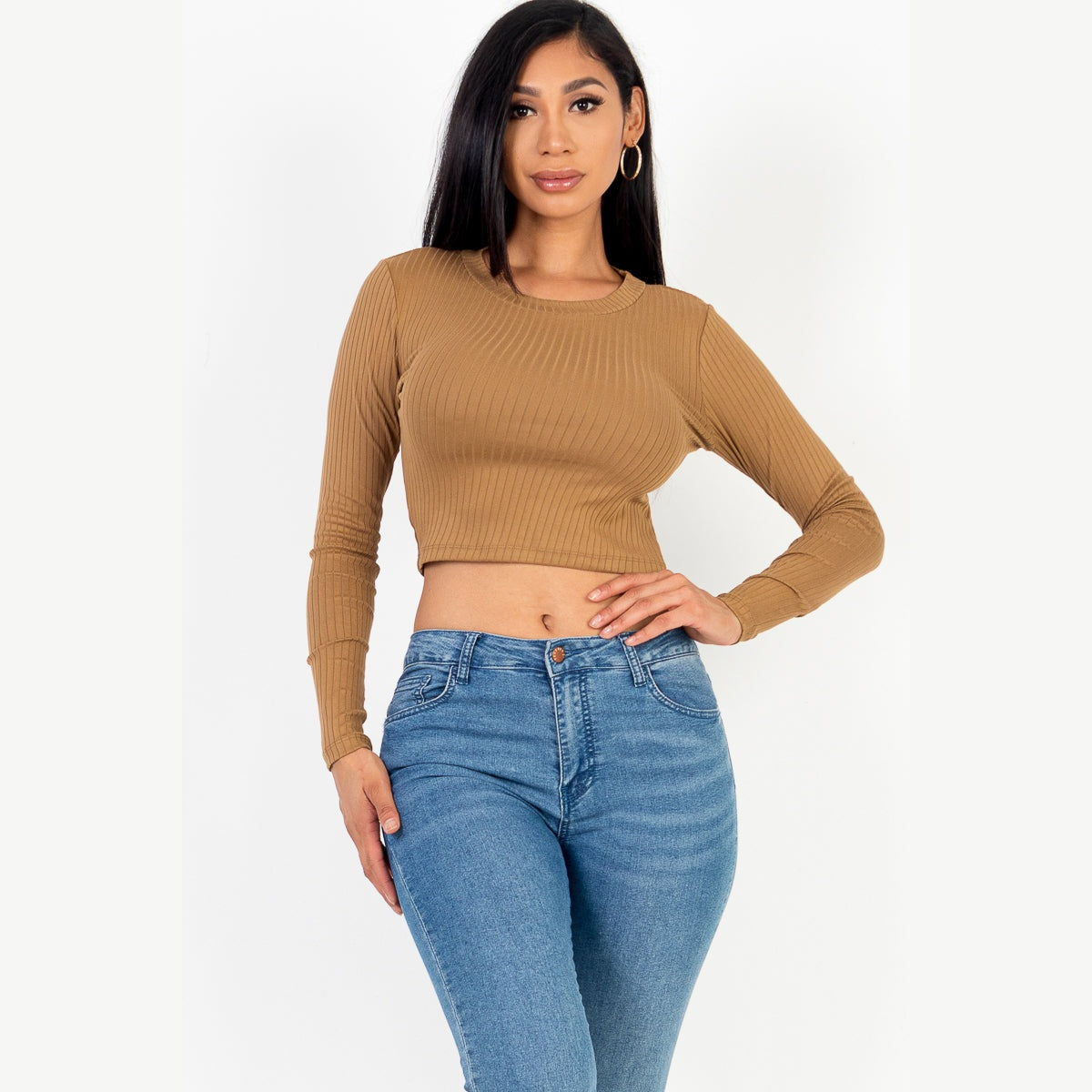 Long Sleeve Round Neck Basic Crop Top